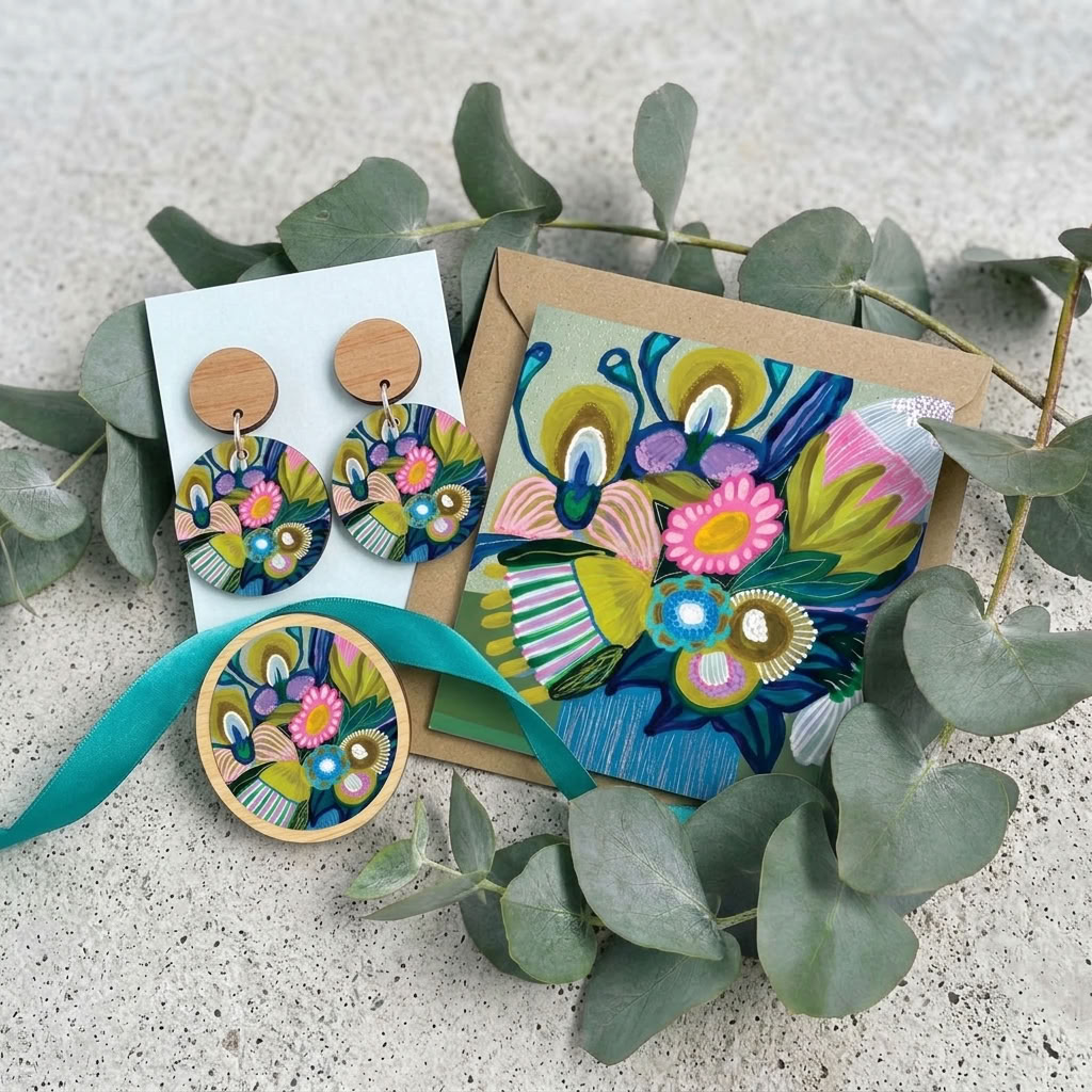 Hand-painted Bush Beauties wooden earrings and brooch set by Kirsten Katz