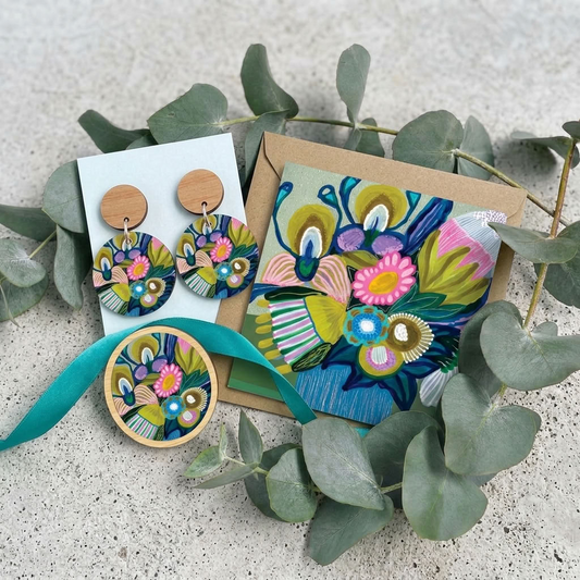 Hand-painted Bush Beauties wooden earrings and brooch set by Kirsten Katz
