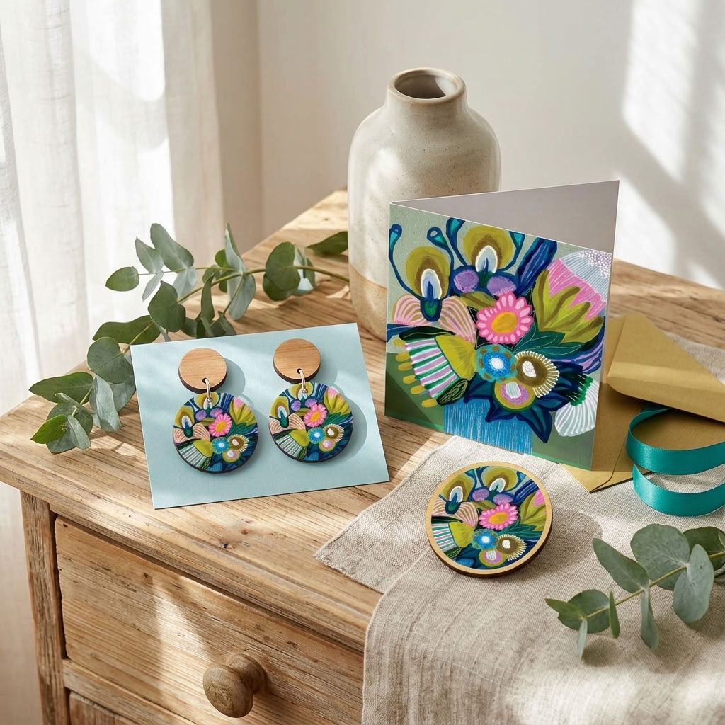 Australian native flowers jewellery gift set - Bush Beauties earrings and brooch - Kirsten Katz