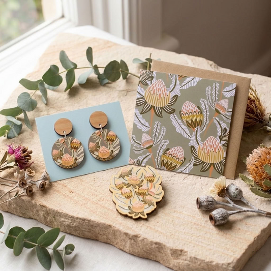 Bush Toned Proteas Earrings & Brooch Gift Set - Kirsten Katz