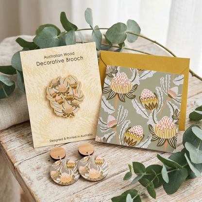 Hand-painted bush toned protea wooden earrings and brooch set by Kirsten Katz
