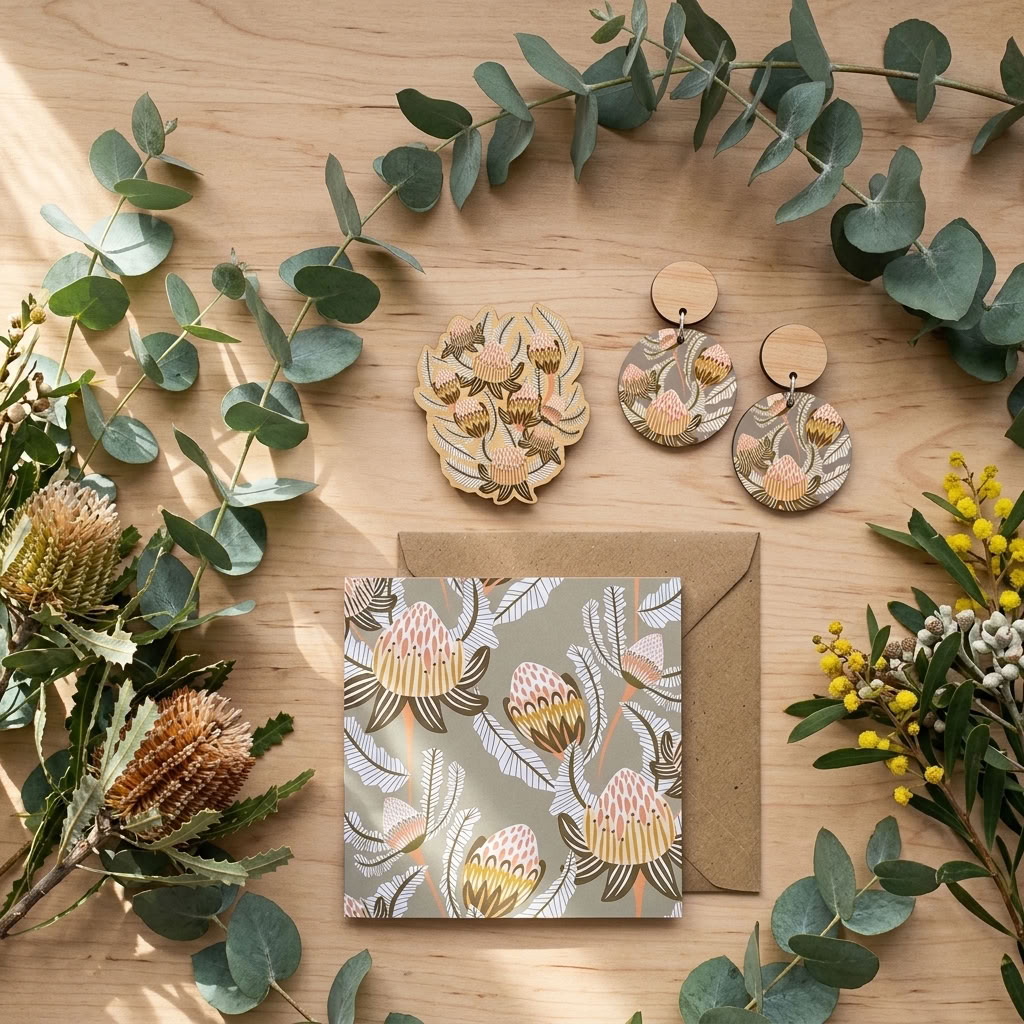Australian protea jewellery gift set in earthy bush tones - earrings and brooch - Kirsten Katz
