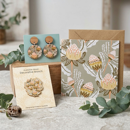 Bush Toned Proteas wooden earrings and brooch, a botanical Australian gift by Kirsten Katz