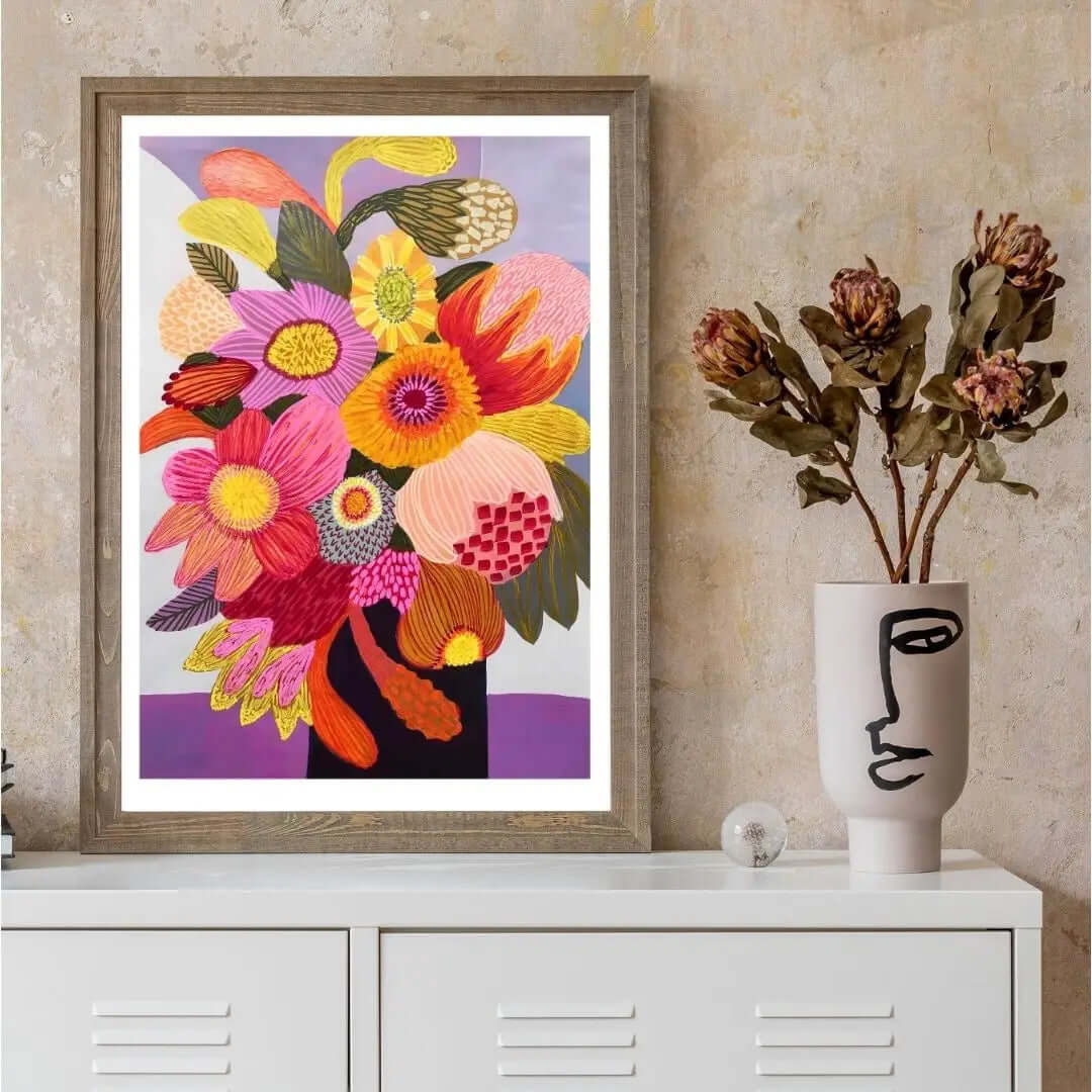 Big Blooms bold contemporary floral art print by Kirsten Katz — oversized blooms in pink, orange and yellow on soft violet