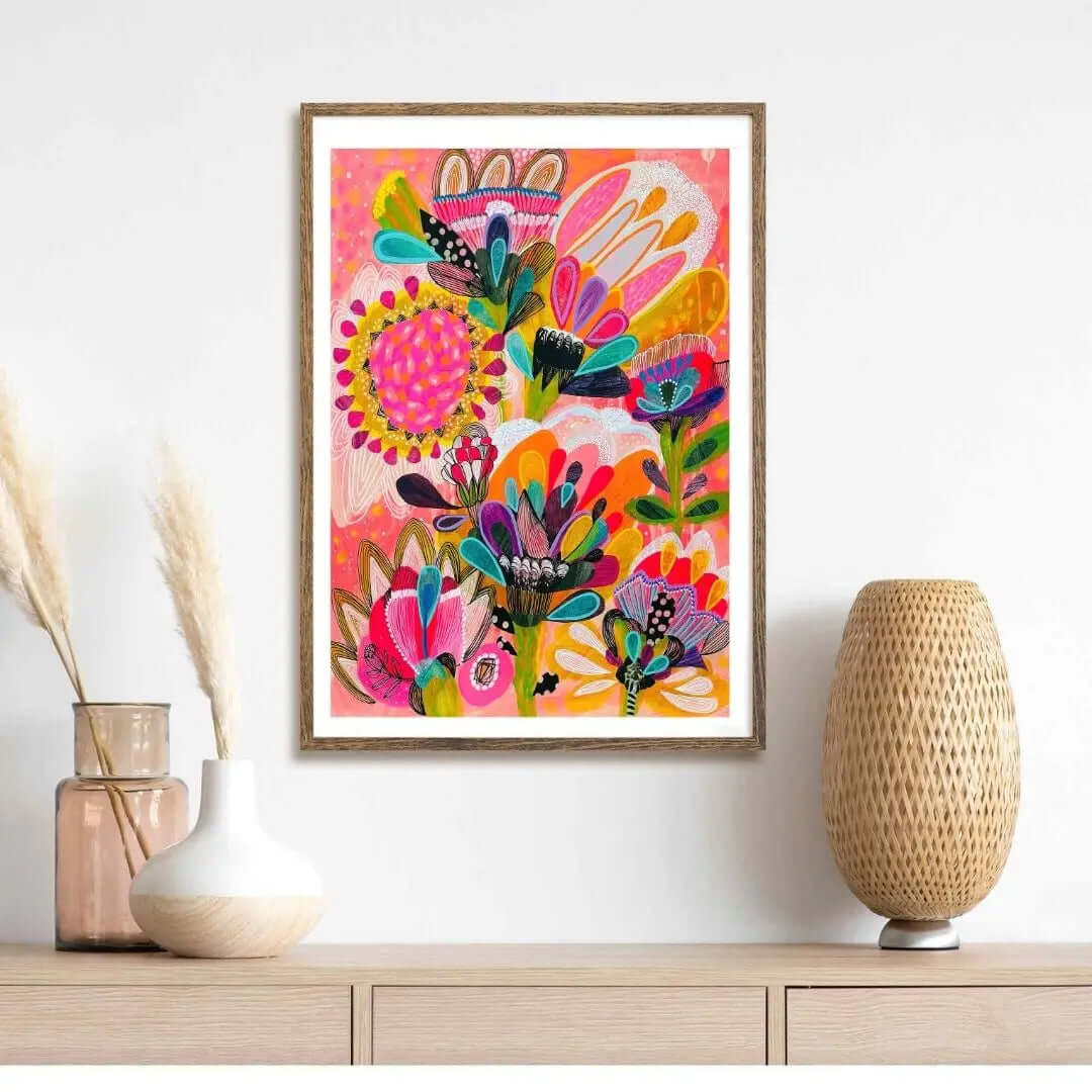 Big Fantasy Whimsical wall art print by Kirsten Katz — imaginary blooms in playful pink, purple, orange and teal