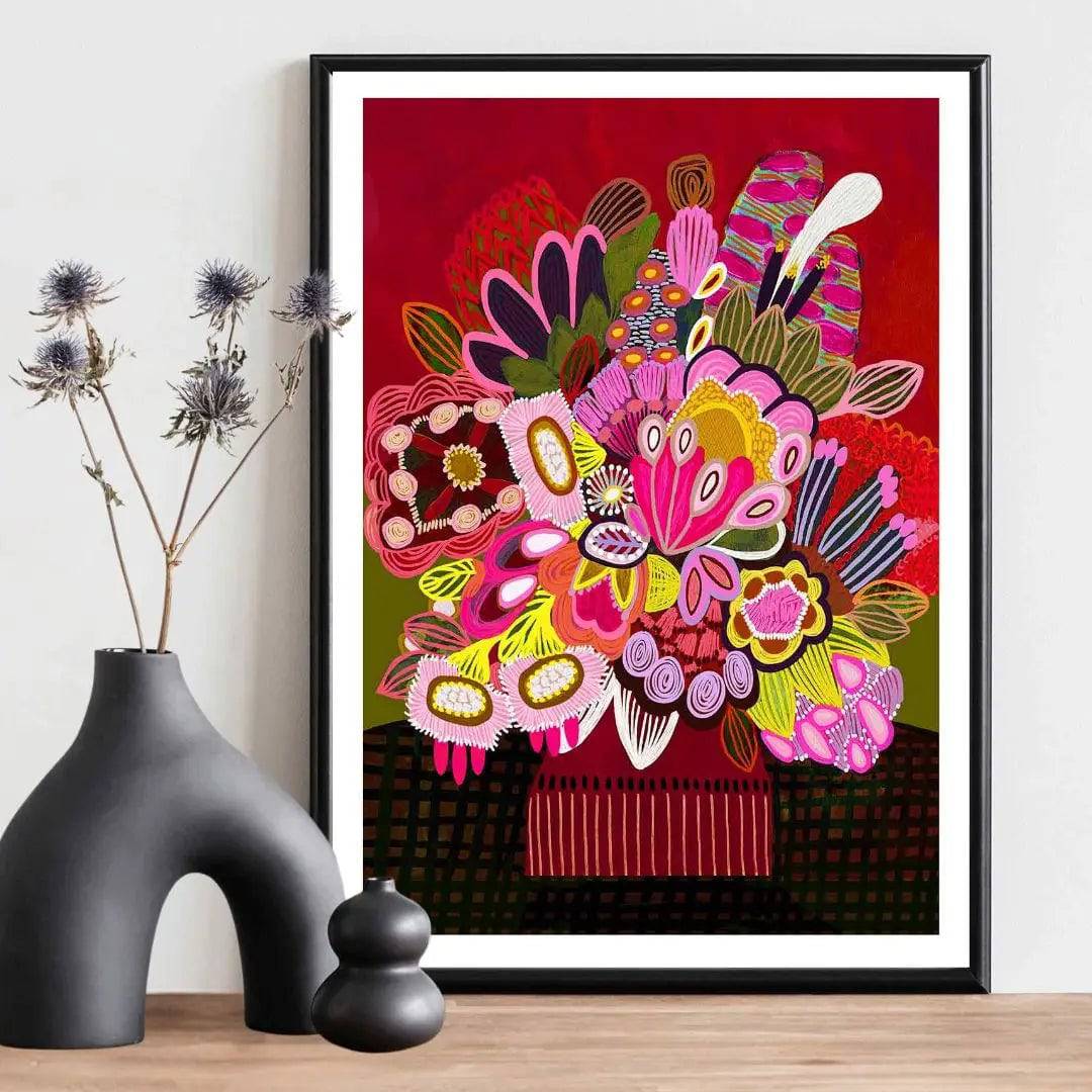 Botanica Stupenda modern art print by Kirsten Katz — fantastical stylised native blooms on deep rouge red