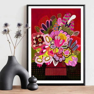 Botanica Stupenda modern art print by Kirsten Katz — fantastical stylised native blooms on deep rouge red