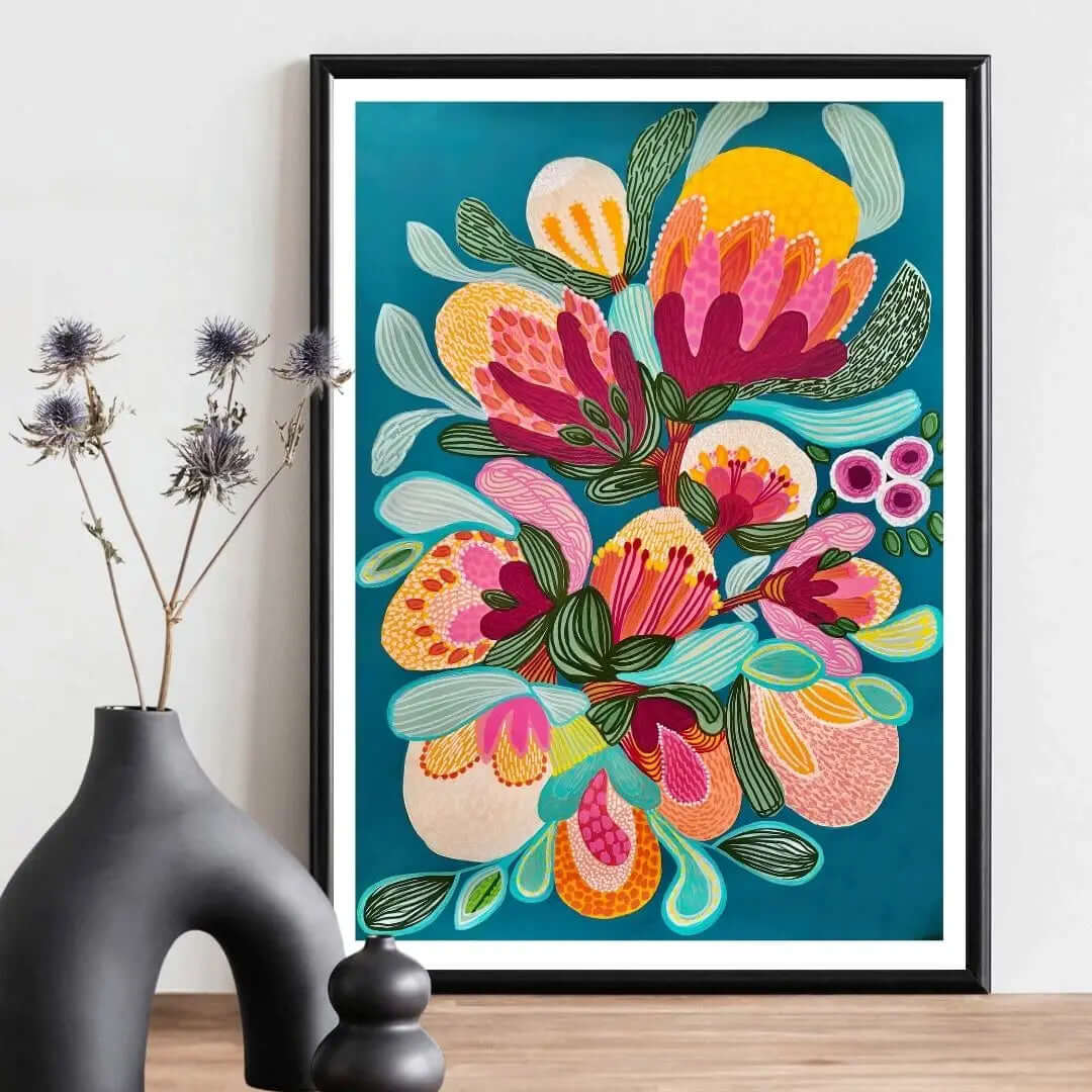 Botany Blooms Modern wall art print by Kirsten Katz — stylised native proteas and banksias on deep teal