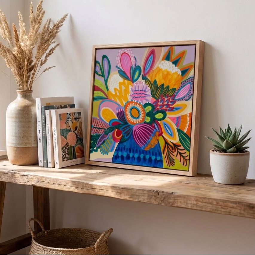 Colour Jazz 1 original painting by Kirsten Katz, proteas and bush flowers in a cobalt vase on lilac