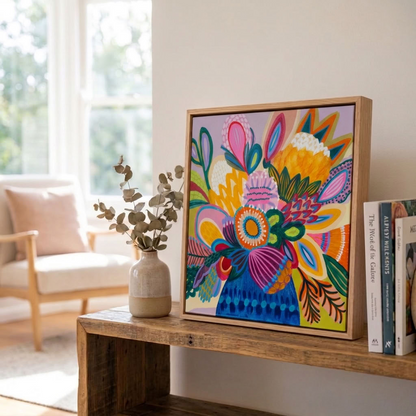 Colour Jazz 1 by Kirsten Katz, framed original botanical painting in acrylic and mixed media on canvas