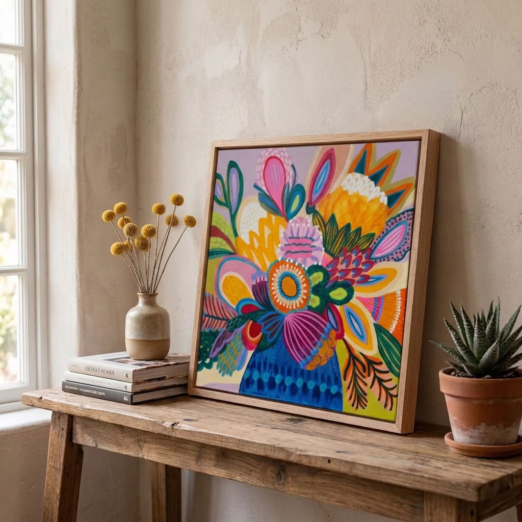 Kirsten Katz Colour Jazz 1 original, patterned proteas and banksias in hot pink, tangerine, yellow and teal