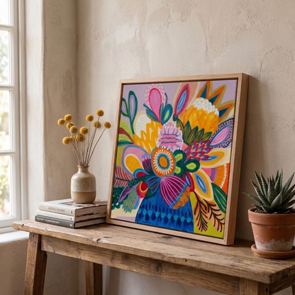 Kirsten Katz Colour Jazz 1 original, patterned proteas and banksias in hot pink, tangerine, yellow and teal