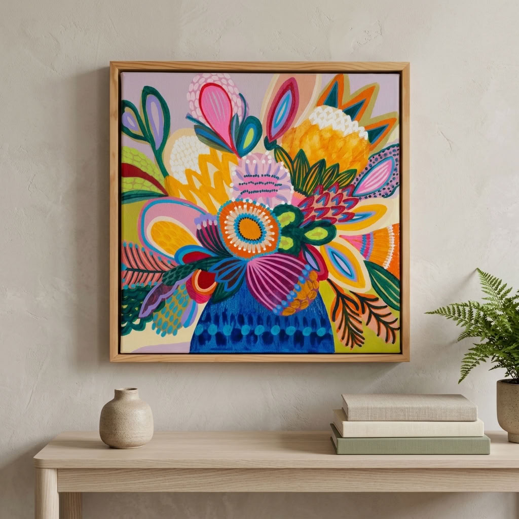 Colour Jazz 1 by Australian artist Kirsten Katz, bold patterned Australian native bouquet