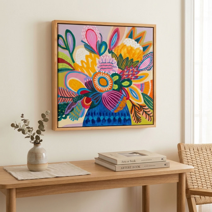 Detail of Colour Jazz 1 by Kirsten Katz, dots, stripes and fine lined detail on protea petals