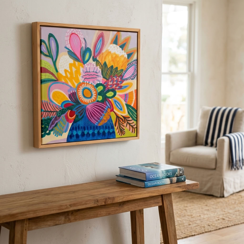 Colour Jazz 1 one-of-a-kind botanical painting by Kirsten Katz, 38cm framed in pine