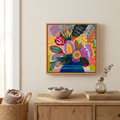 Colour Jazz 2 original painting by Kirsten Katz, patterned Australian botanical bouquet in bold colour