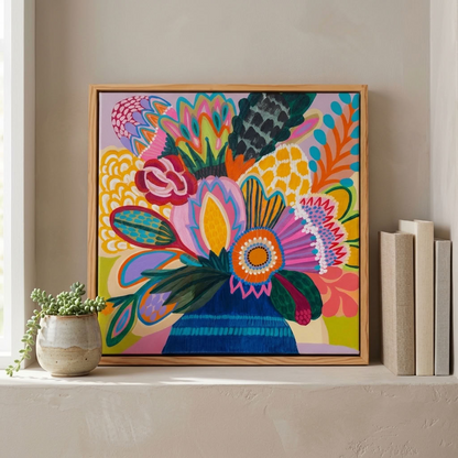 Colour Jazz 2 original painting by Kirsten Katz in a pine float frame, resting on a shelf with a potted succulent and books