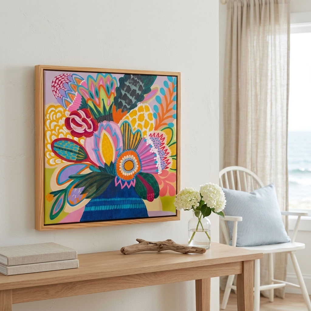 Colour Jazz 2 original painting in a pine float frame styled in a home interior