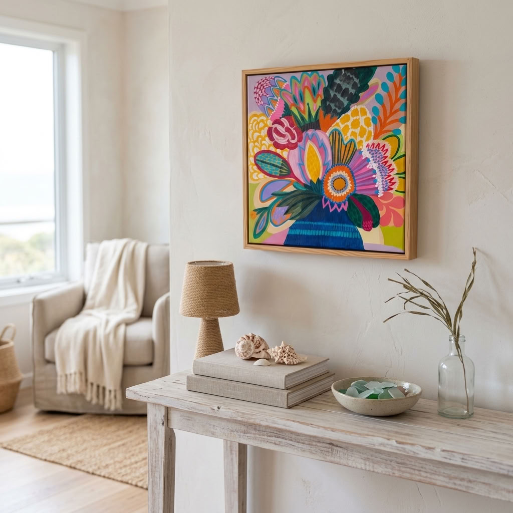 Colour Jazz 2 by Australian artist Kirsten Katz, joyful patterned native flower painting