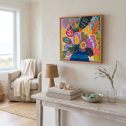Colour Jazz 2 by Australian artist Kirsten Katz, joyful patterned native flower painting