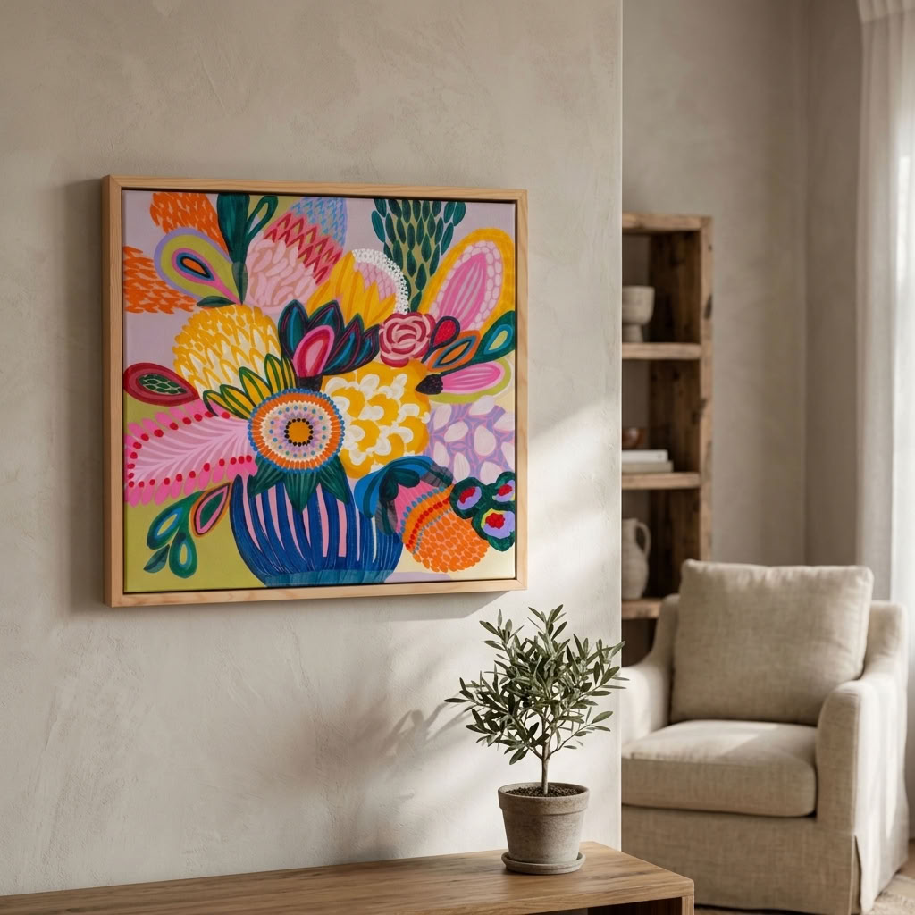Colour Jazz 3 original painting by Kirsten Katz, patterned Australian botanical bouquet in bold colour