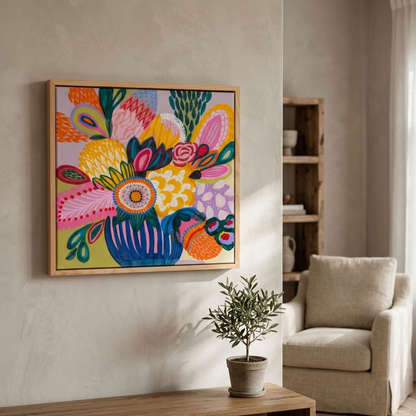 Colour Jazz 3 original painting by Kirsten Katz, patterned Australian botanical bouquet in bold colour