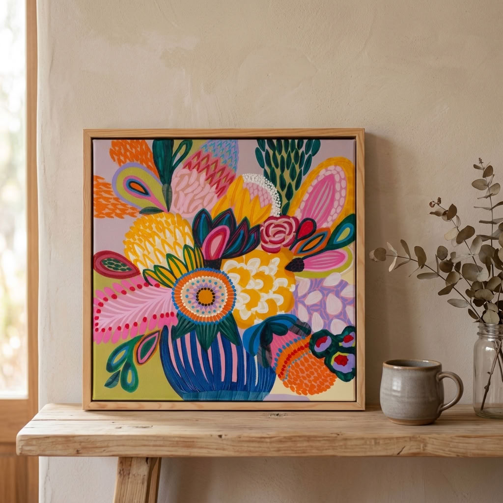 Colour Jazz 3 by Kirsten Katz, framed original botanical painting in acrylic and mixed media on canvas