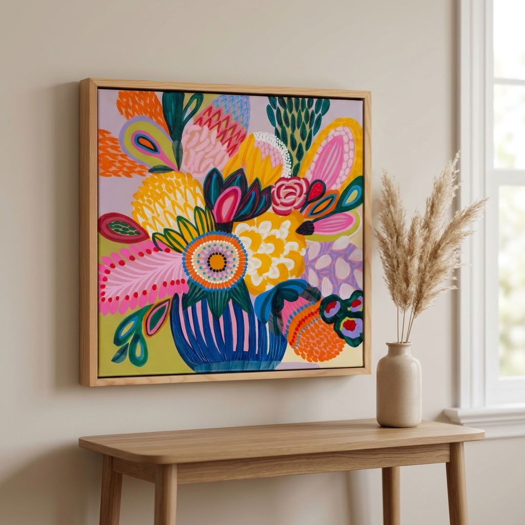 Colour Jazz 3 original painting by Kirsten Katz in a pine float frame, hung above a timber console with pampas grass
