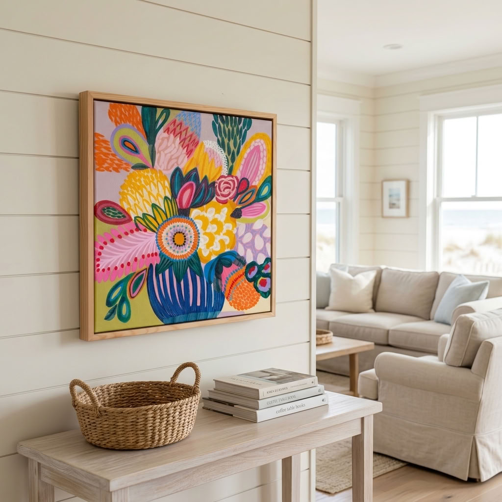 Colour Jazz 3 by Australian artist Kirsten Katz, joyful patterned native flower painting
