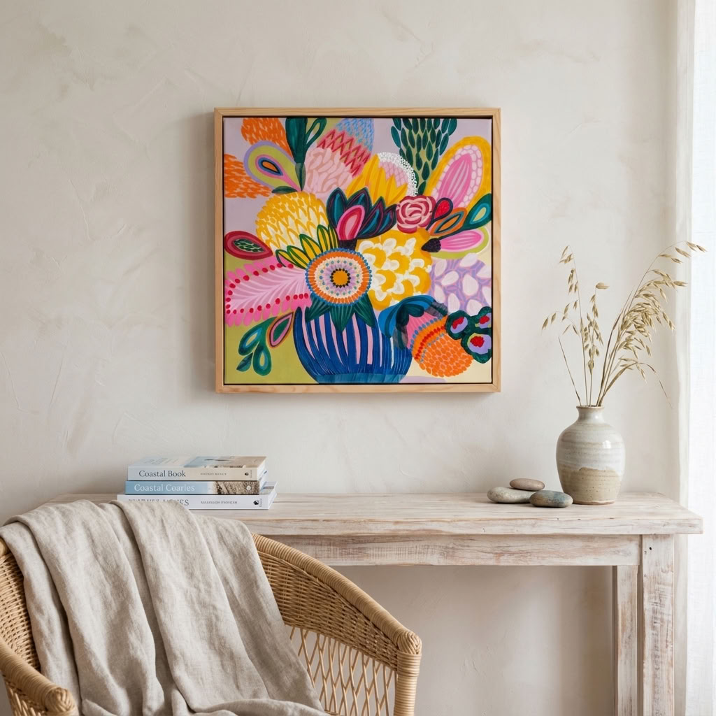 Detail of Colour Jazz 3 by Kirsten Katz, expressive mark-making and layered botanical shapes