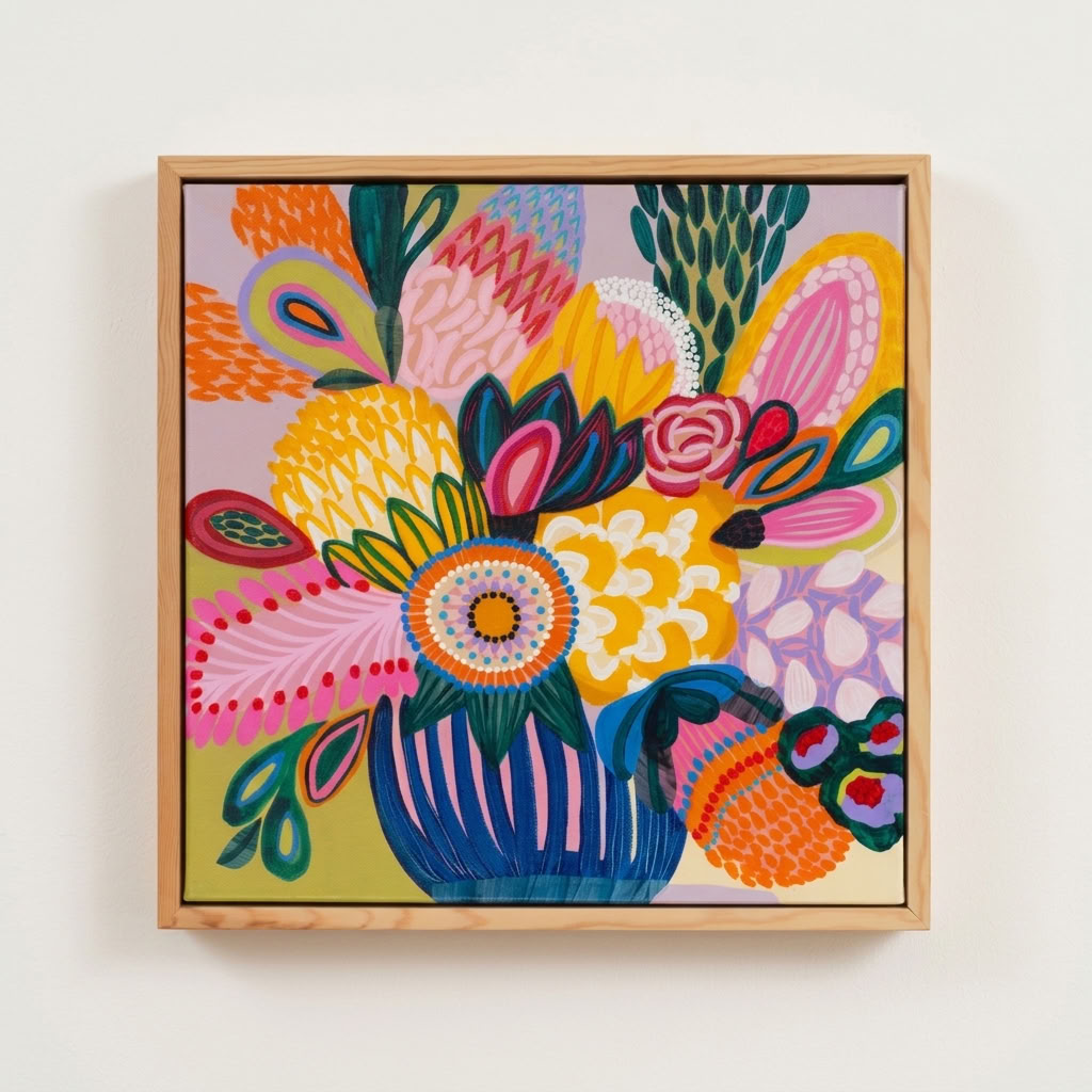Colour Jazz 3 original botanical art by Kirsten Katz, patterned bouquet detail