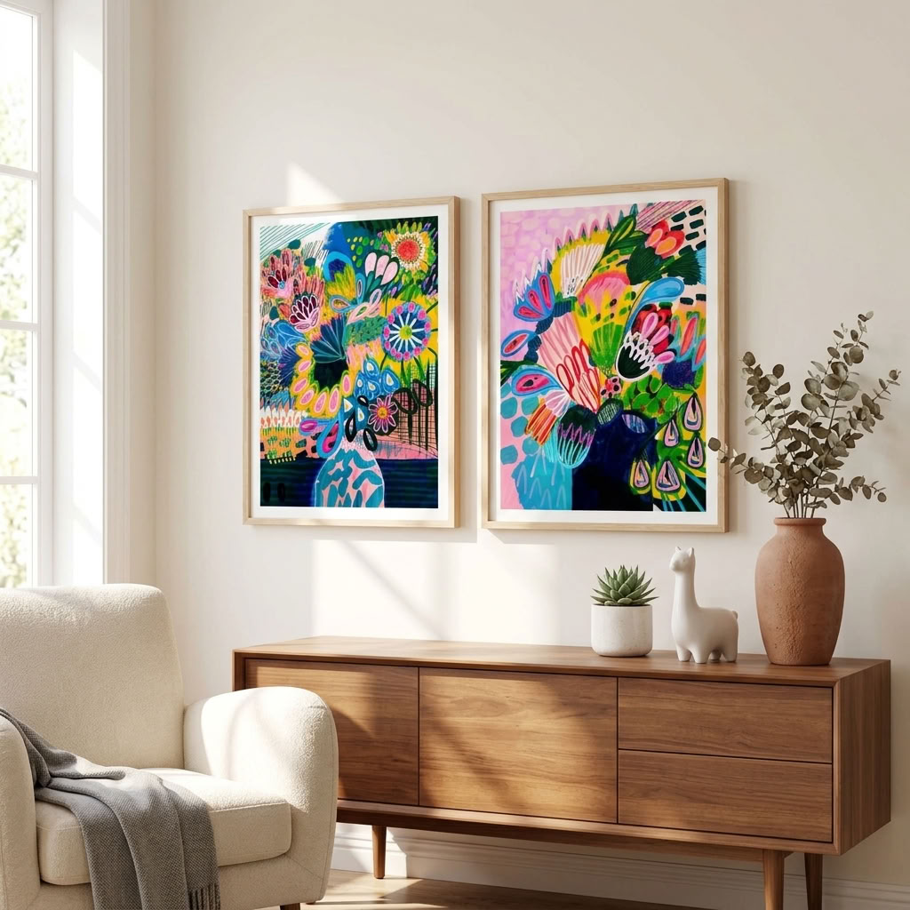 Colours of Summer abstract wall art print set by Kirsten Katz, two modern abstract prints of stylised blooms in vases