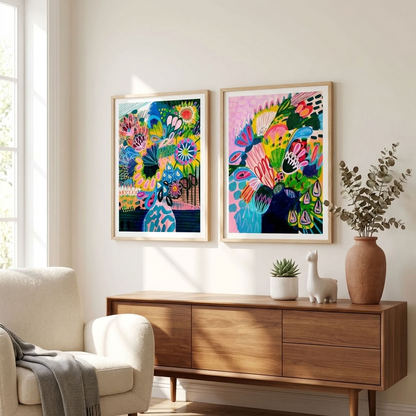 Colours of Summer abstract wall art print set by Kirsten Katz, two modern abstract prints of stylised blooms in vases