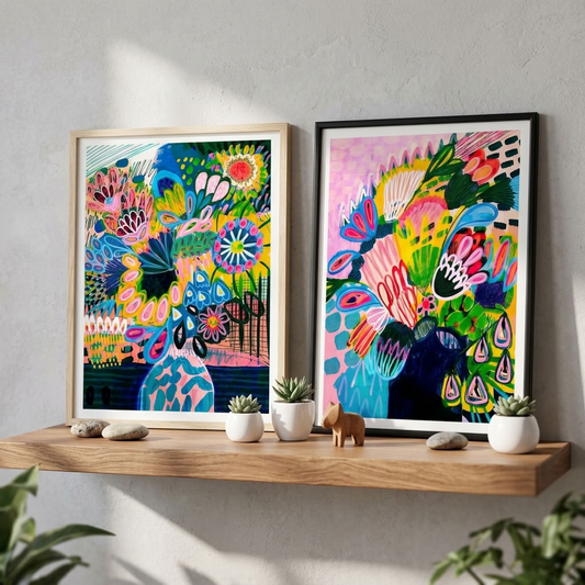 Colours of Summer abstract wall art print set by Kirsten Katz: two framed modern abstract floral prints in bold pink, yellow, blue and green, displayed on a timber shelf with small succulents