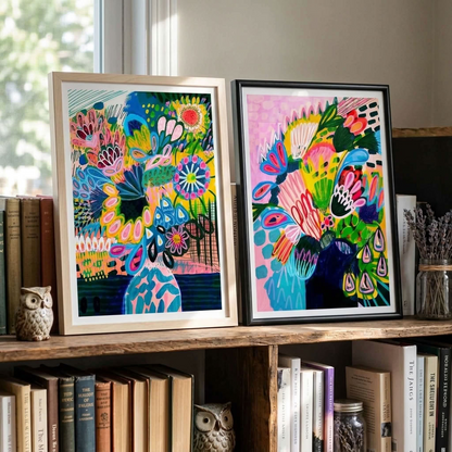 Colours of Summer gallery wall set by Kirsten Katz, expressive abstract florals in vases with bold mark-making