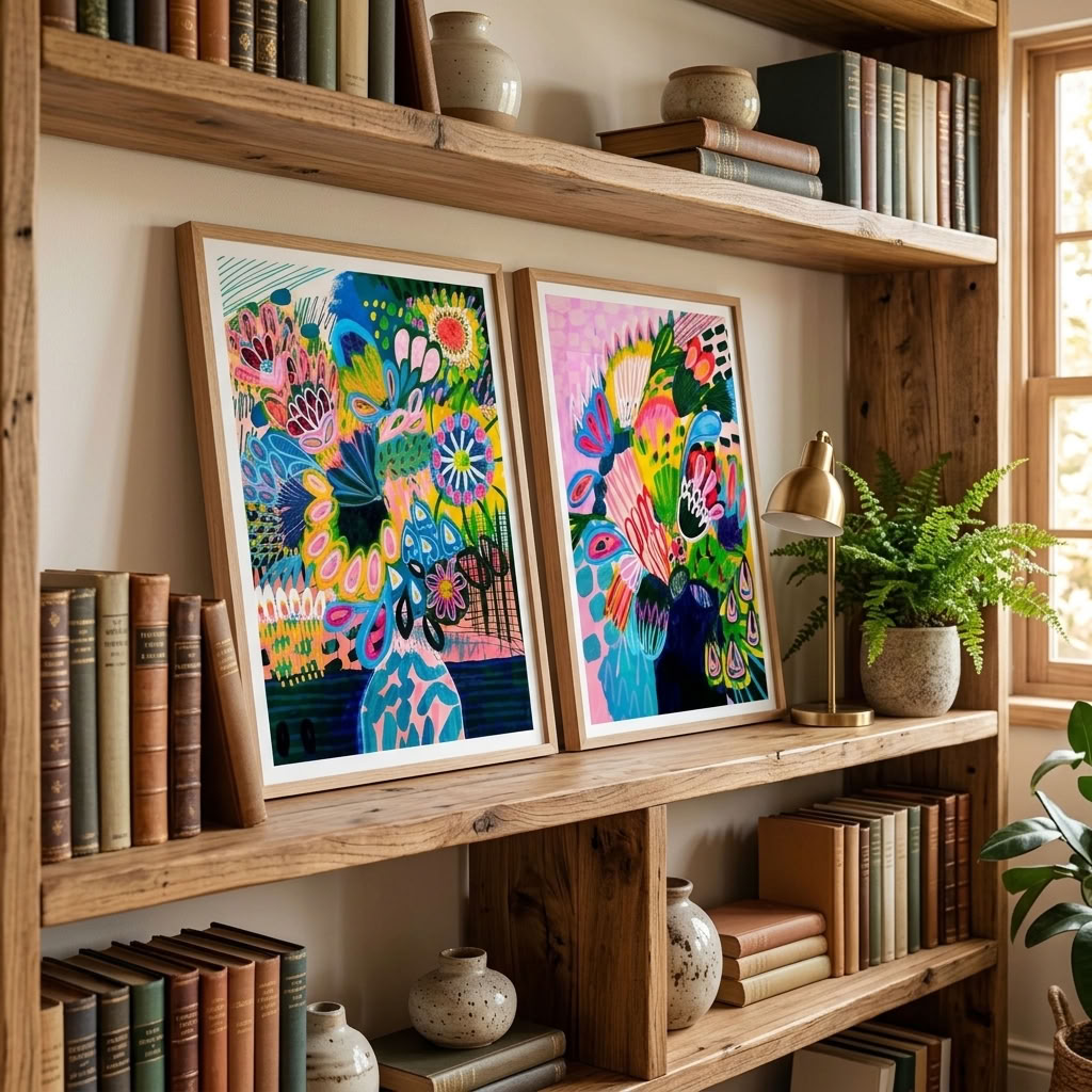 Colours of Summer abstract art print set by Kirsten Katz, joyful stylised flowers in layered colour