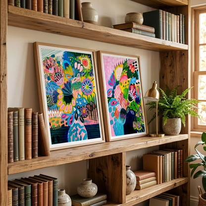 Colours of Summer abstract art print set by Kirsten Katz, joyful stylised flowers in layered colour