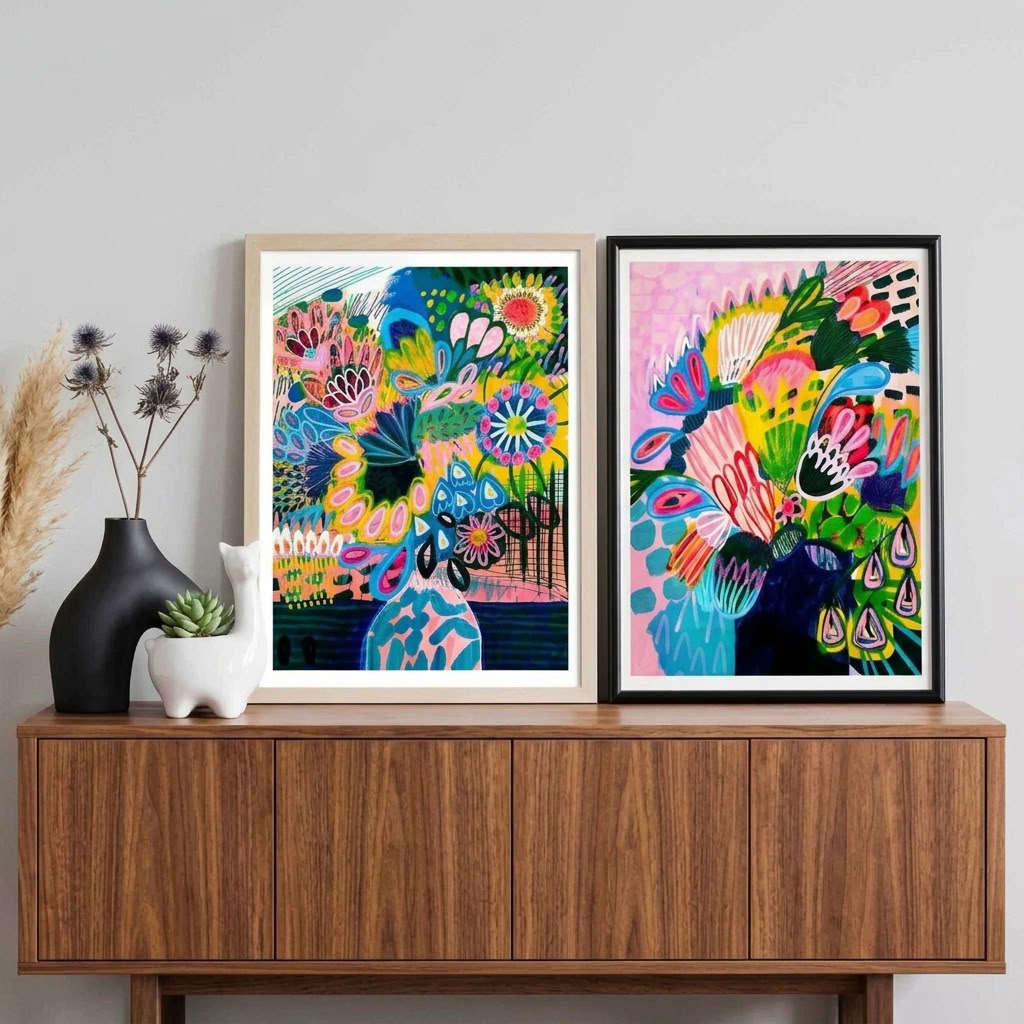 Kirsten Katz Colours of Summer abstract print pair, vibrant flowers in vases on pink and blue grounds