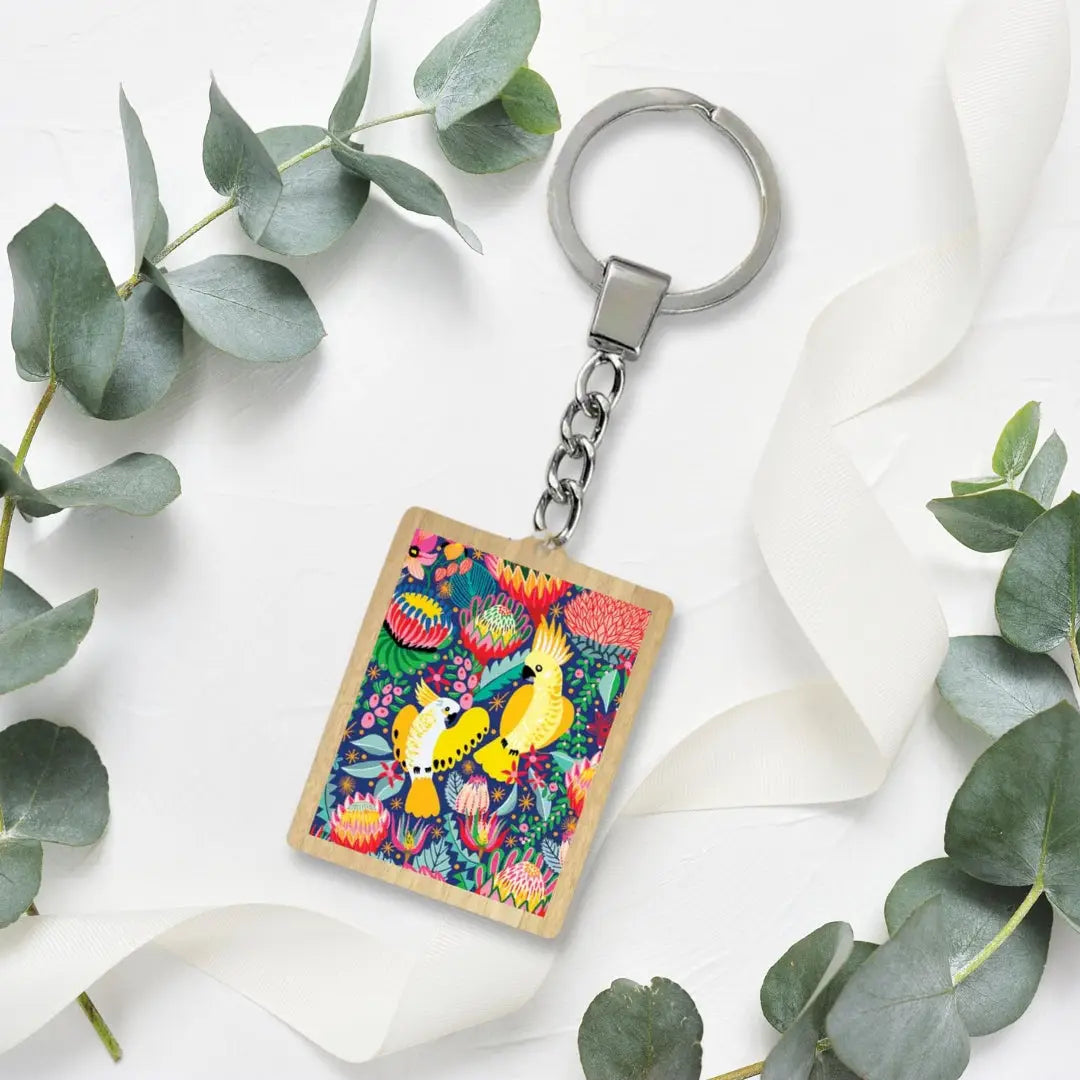 Cockatoos & Native Flowers Wooden Keyring  Kirsten Katz