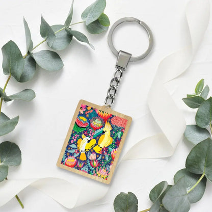 Cockatoos & Native Flowers Wooden Keyring  Kirsten Katz