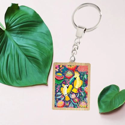 Cockatoos & Native Flowers Wooden Keyring  Kirsten Katz