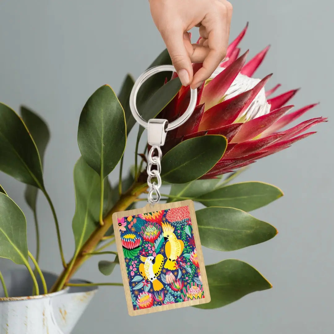 Cockatoos & Native Flowers Wooden Keyring  Kirsten Katz