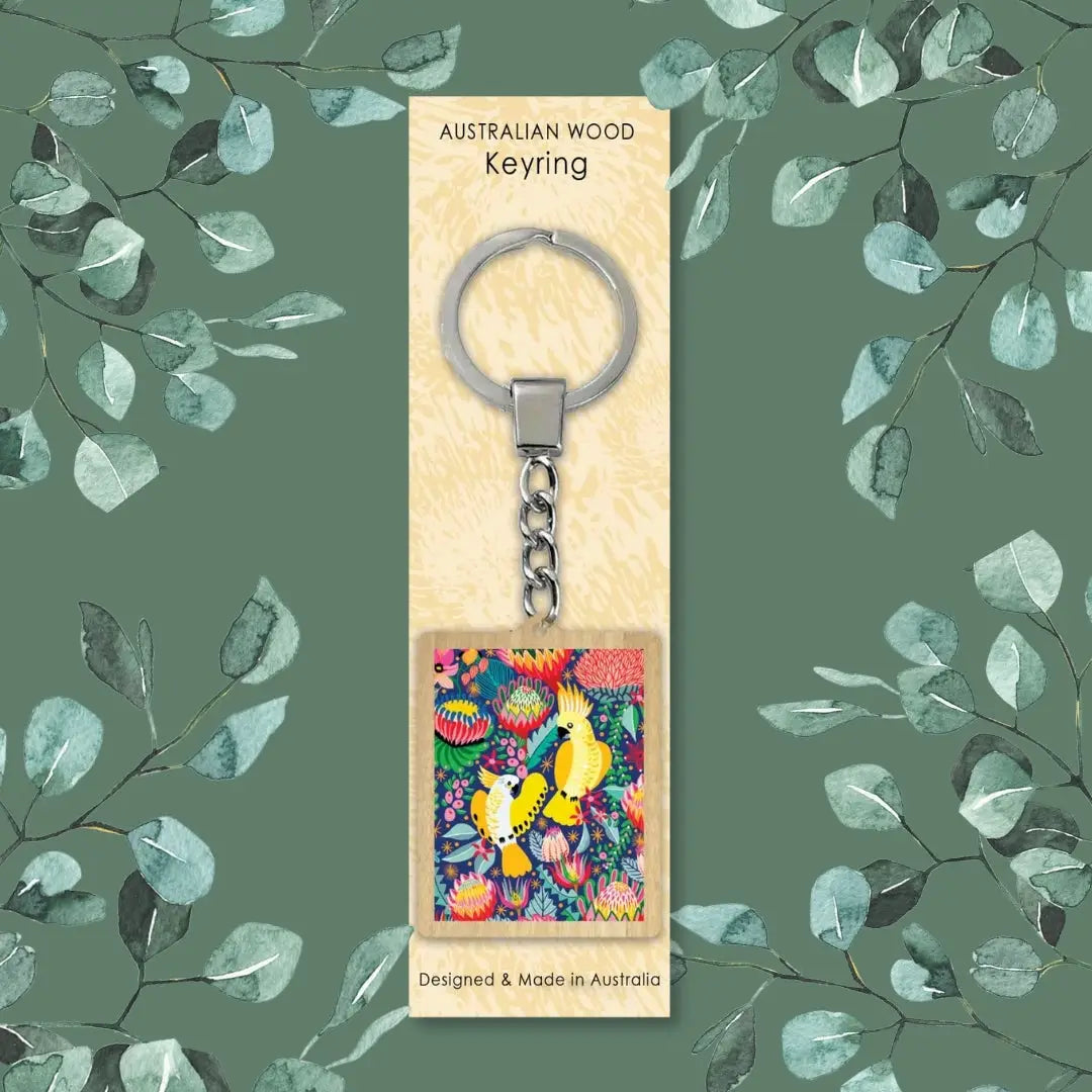 Cockatoos & Native Flowers Wooden Keyring  Kirsten Katz