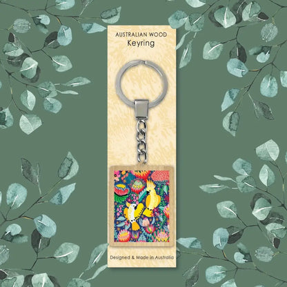 Cockatoos & Native Flowers Wooden Keyring  Kirsten Katz