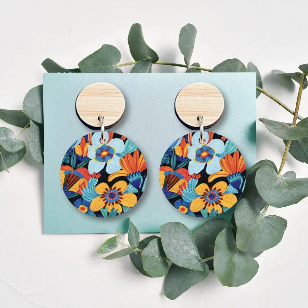Cornflowers Wooden Earrings – Blue & Yellow Flowers  Kirsten Katz
