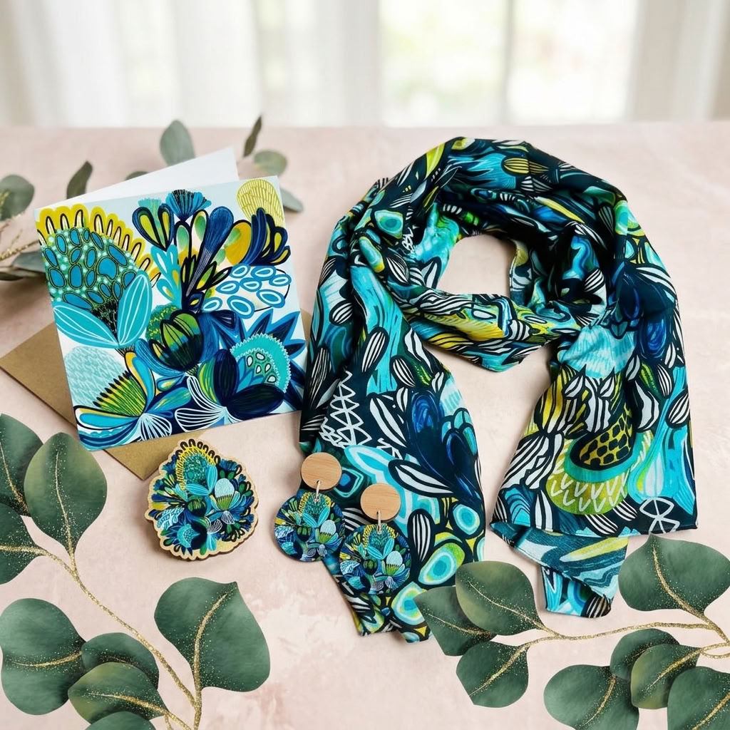Protea Azure Silk Scarf & Jewellery Gift Set - silk scarf, wooden earrings, brooch and matching card together - Kirsten Katz