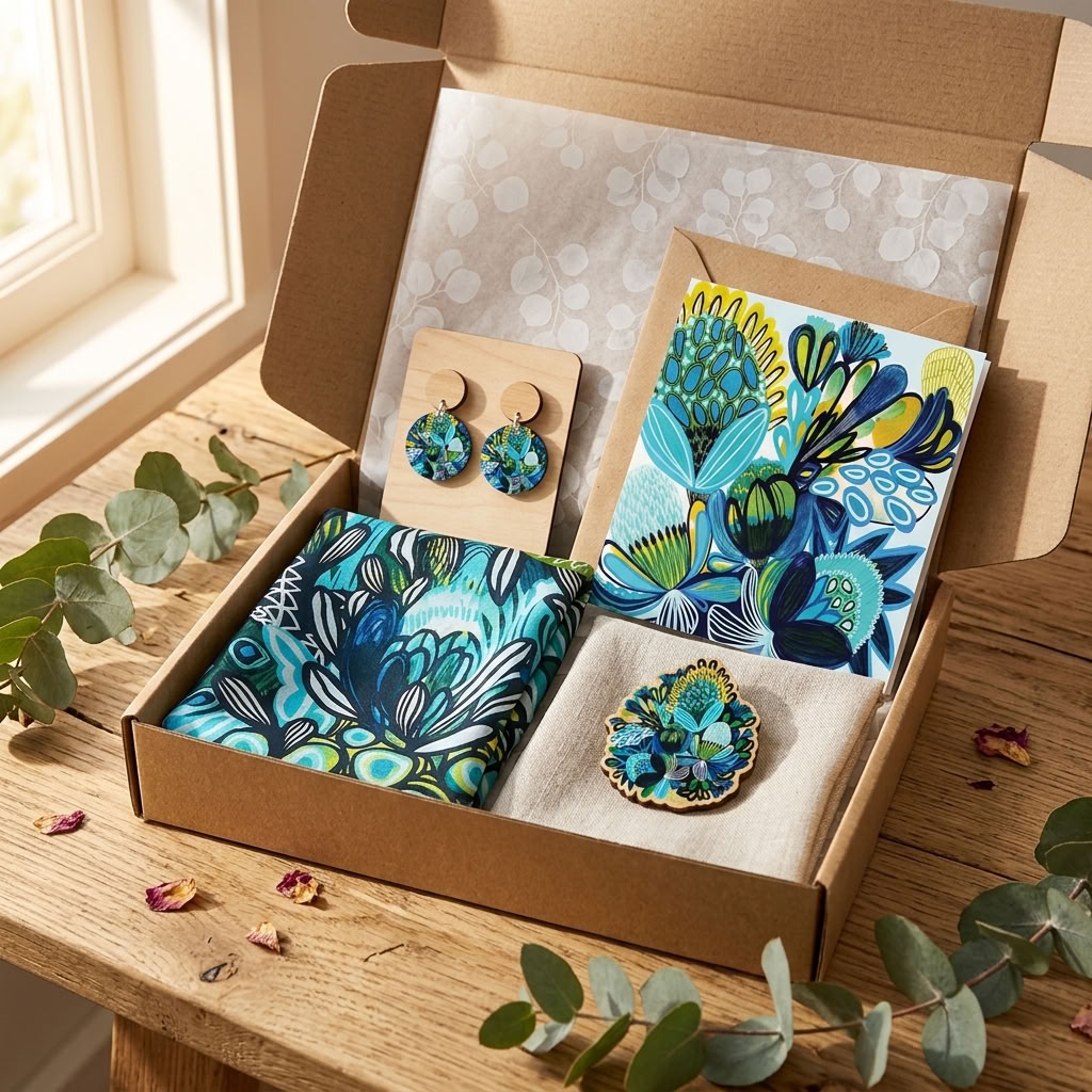 Protea Azure Silk Scarf & Jewellery Gift Set presented in a gift box - Kirsten Katz