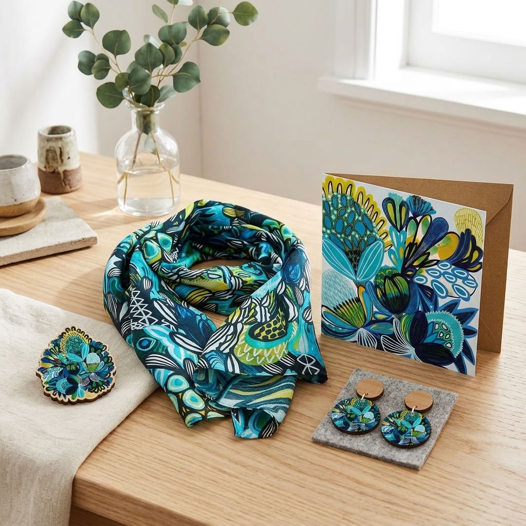 Protea Azure Silk Scarf & Jewellery Gift Set styled together - scarf, earrings, brooch and card - Kirsten Katz