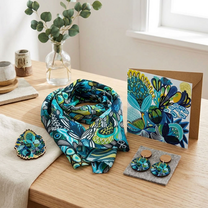 Protea Azure Silk Scarf & Jewellery Gift Set styled together - scarf, earrings, brooch and card - Kirsten Katz