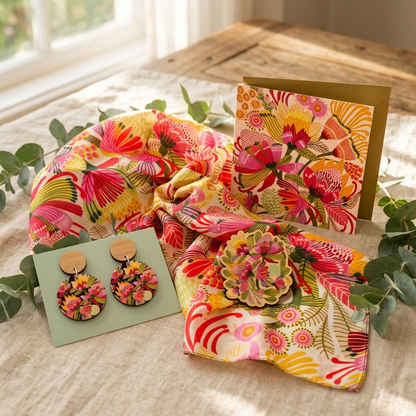 Garden of Eden Silk Scarf & Jewellery Gift Set - silk scarf, wooden earrings, brooch and matching card together - Kirsten Katz